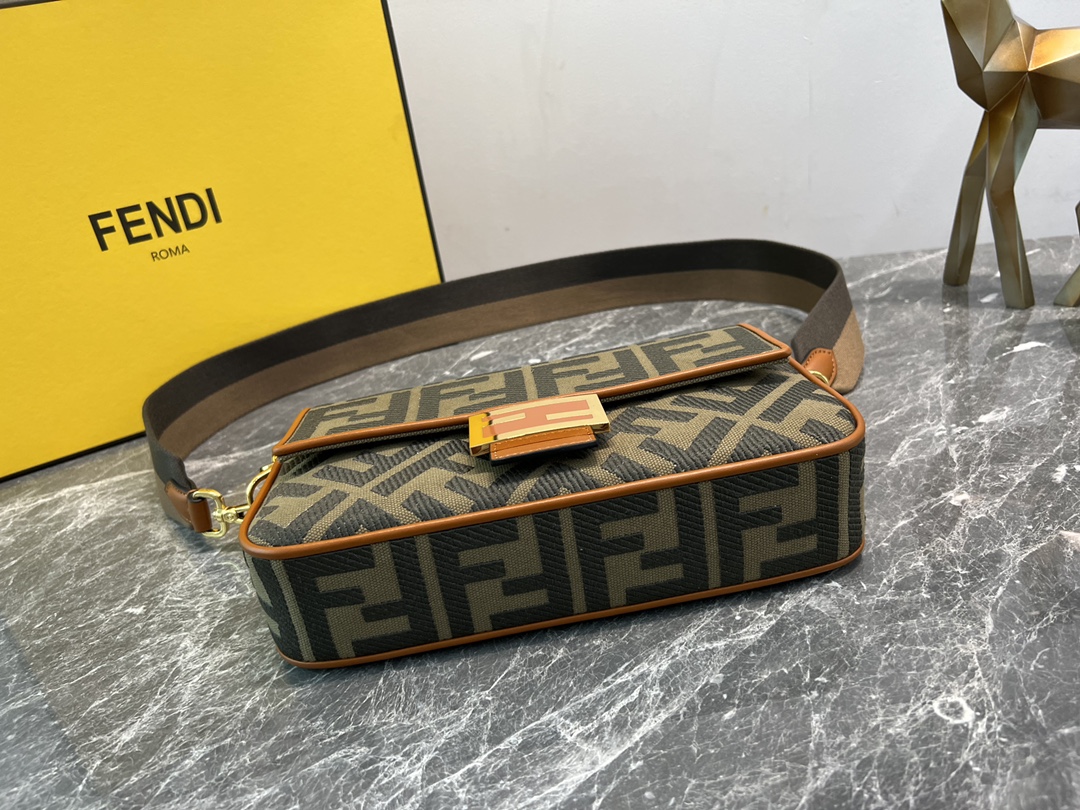 Fendi Medium Baguette FF Canvas Shoulder Bag Brown